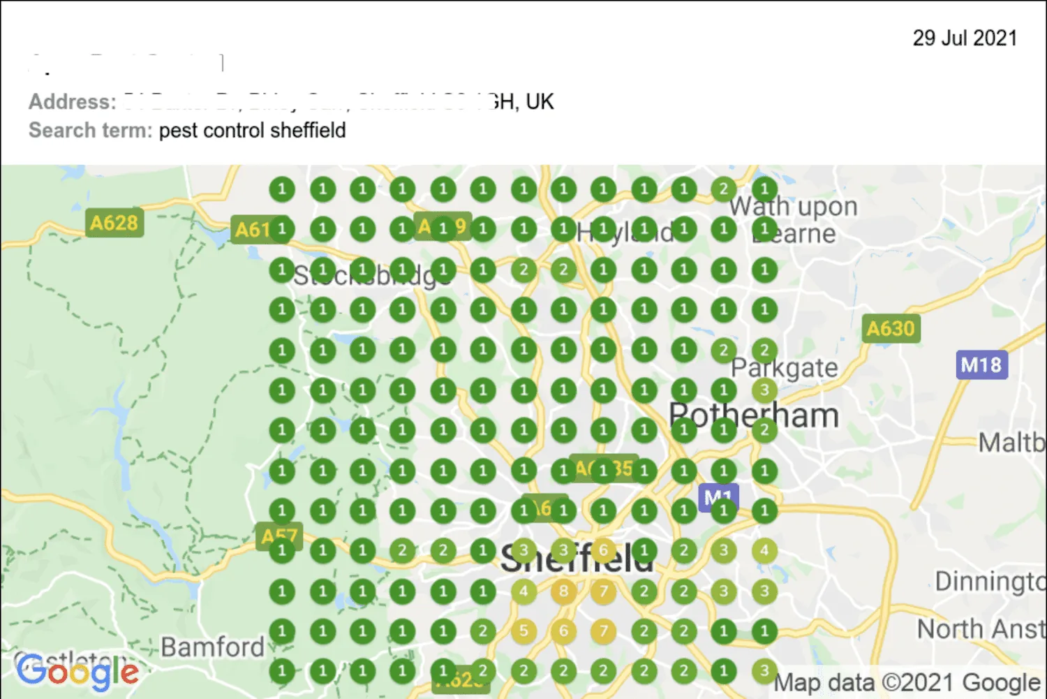 Historic Google Maps ranking reporting example